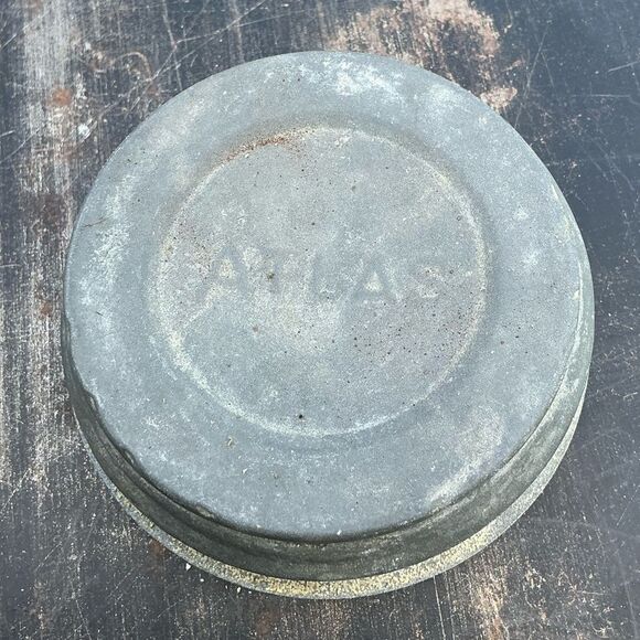 Lot of Two Antique Atlas Mason Jar Lid | Zinc Porcelain Top 2.5” Vintage - Picture 3 of 4